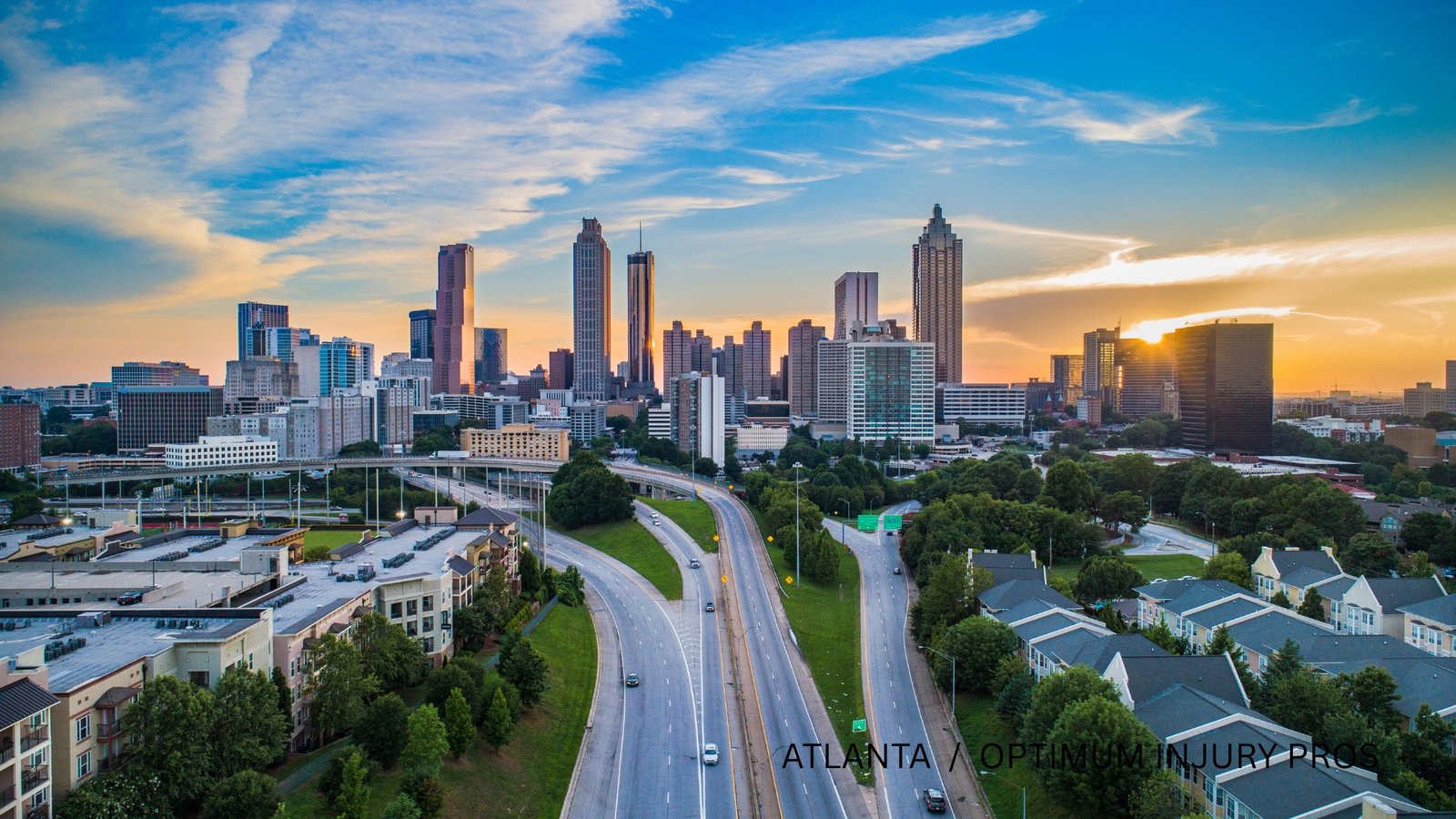 Real Atlanta skyline and highway photographed at sunset